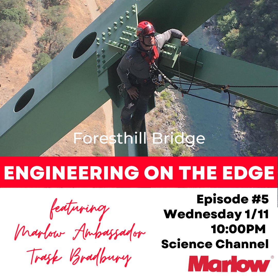 Don't miss Marlow Ambassador Trask Bradbury and his team perform their dangerous work on the Foresthill Bridge - the highest bridge by deck height in California, the fourth highest in the United States, and among the seventy highest in the world at 730 feet above the river. 🌉