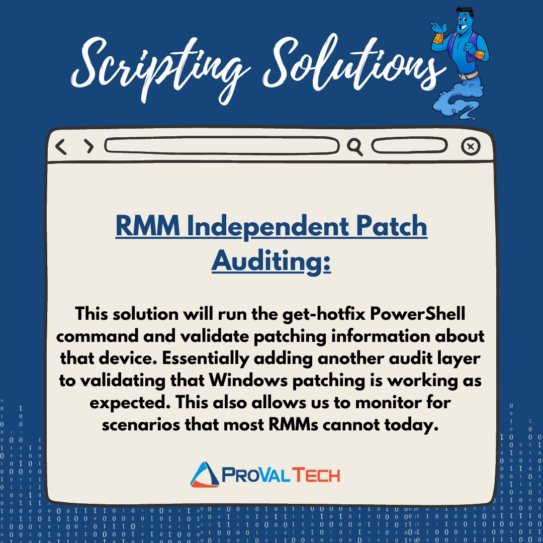 provaltech's tweet image. Worry Less. Automate More. #scriptingsolutions
ProVal Tech has over 500 pieces of content to help your MSP be more efficient. Want to find out what other scripts we have created? Get in contact with us: bit.ly/3TMKRlv
#provaltech #msp #tech #rmm #automation