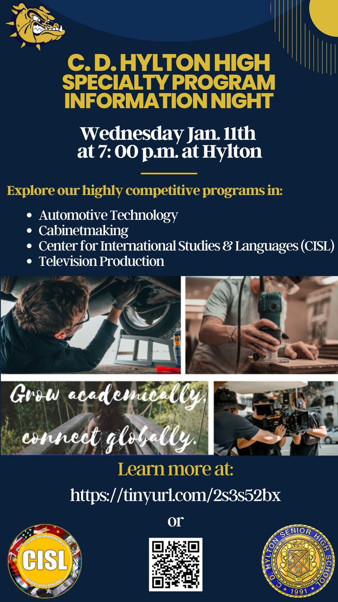 Join us tonight at Hylton for our Hylton Specialty Program event at 7 pm! Come learn about Auto, Cabinetmaking, CISL, &amp; TV Production! <a href="/Hampton_Huskies/">HamptonMiddleSchool</a> @BevilleBobcats <a href="/BentonMSCougars/">Benton Middle School</a> <a href="/ShoresMiddle/">Potomac Shores Middle School</a> <a href="/SaundersPWCS/">Saunders MS</a> <a href="/woodbridge_ms/">Woodbridge MS - PWCS</a> <a href="/GrahamParkMS/">Graham Park Middle</a> <a href="/MarstellerPWCS/">Marsteller MS</a> <a href="/UnityBraxton/">Unity Braxton Middle School</a>