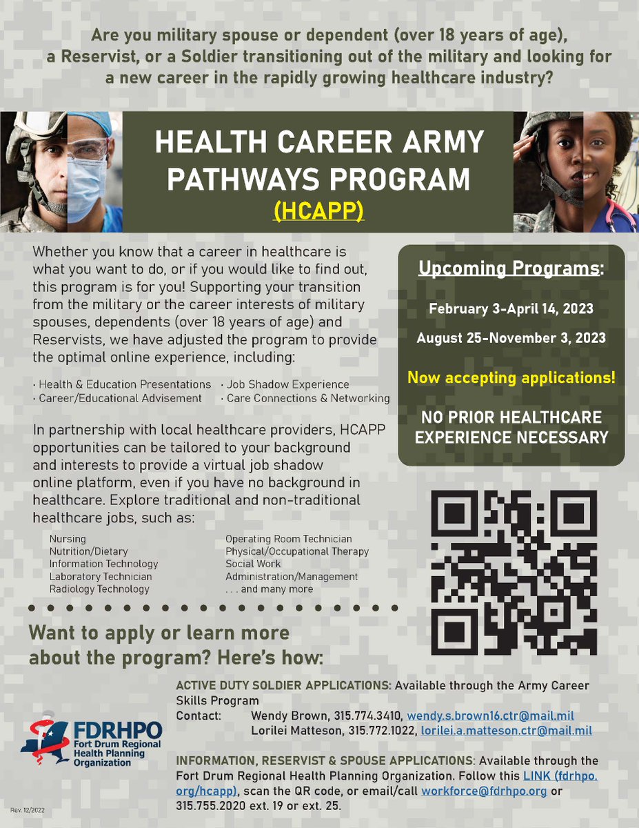 We are starting our next free Health Career Army Pathway Program Cohort starting in February for Military Spouses, dependents, and service members interested in pursuing a career in healthcare in the #fortdrum area, for more information or to apply go to fdrhpo.org/hcapp.