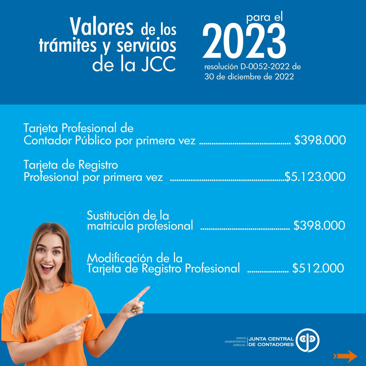 UAEjuntacc's tweet photo. #ContadoresPúblicos 🔵 Si desean conocer el detalle del aumento en el valor que tuvo cada trámite, le invitamos a consultar la resolución D-0052-2022
Consultas aquí  👉https://t.co/R7JMxmQpxc https://t.co/lfAmfaMQyo
