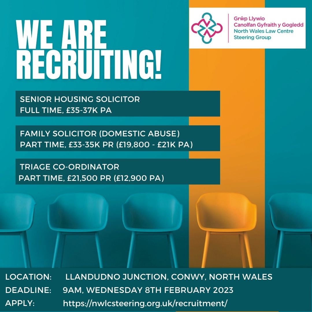 GyfraithGogledd's tweet photo. 🚨Exciting News! 🚨
Thanks to the generous support of @The_LEF, AB Charitable Trust and @stevemorganfdn, we are recruiting a Senior Housing Solicitor, Family Solicitor and Triage Co-Ordinator to help us launch our Centre!
Vacancy details👇 https://t.co/YLYml3XmHi https://t.co/CZkZAc8wEO