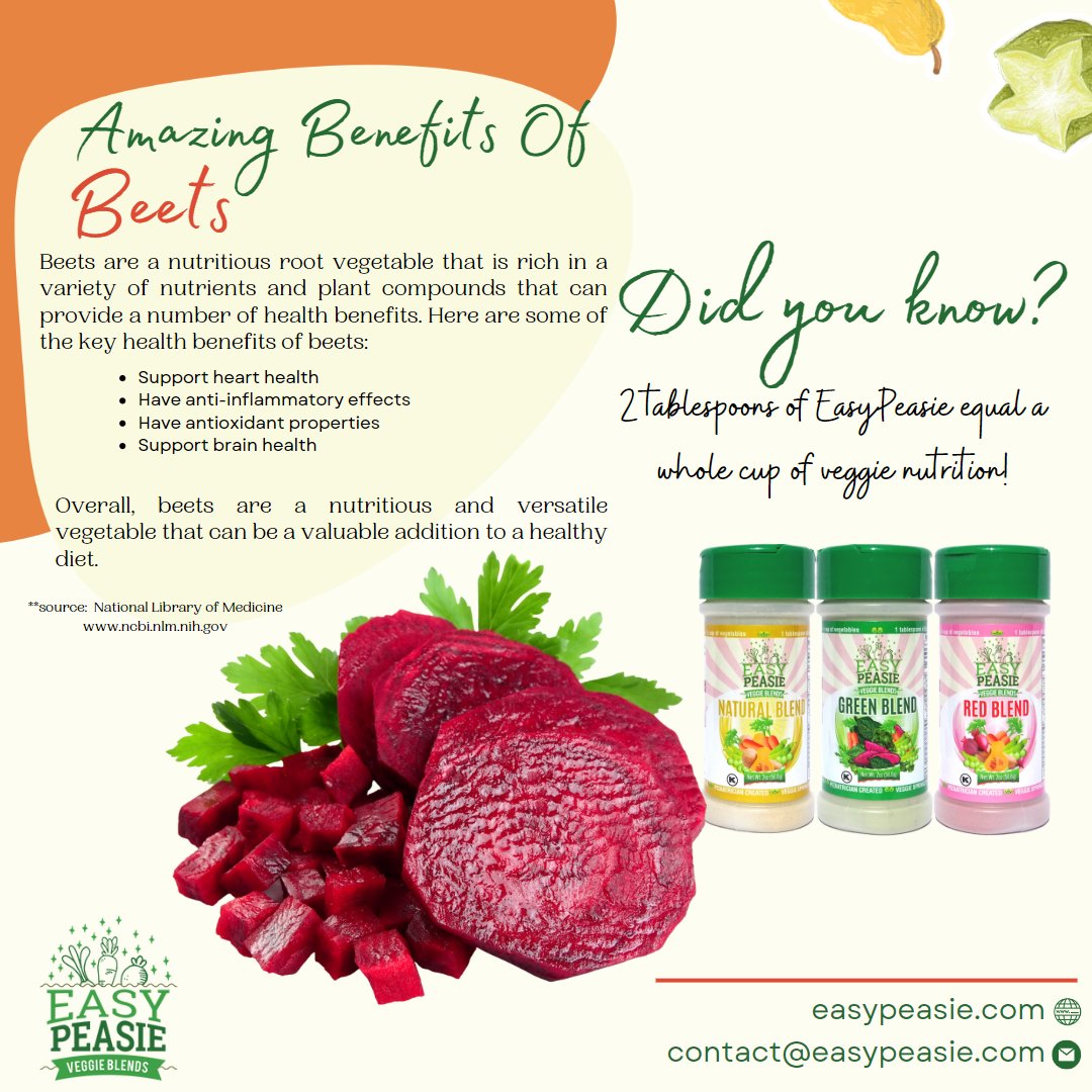 easypeasieco's tweet photo. Beet it: these little root veggies pack a big punch of health benefits!
#easypeasie #veggiehack #healthyliving #eatyourgreens #nutrition #pickeater #pickyeaterapproved #healthyfoods https://t.co/tutzeaBtJJ