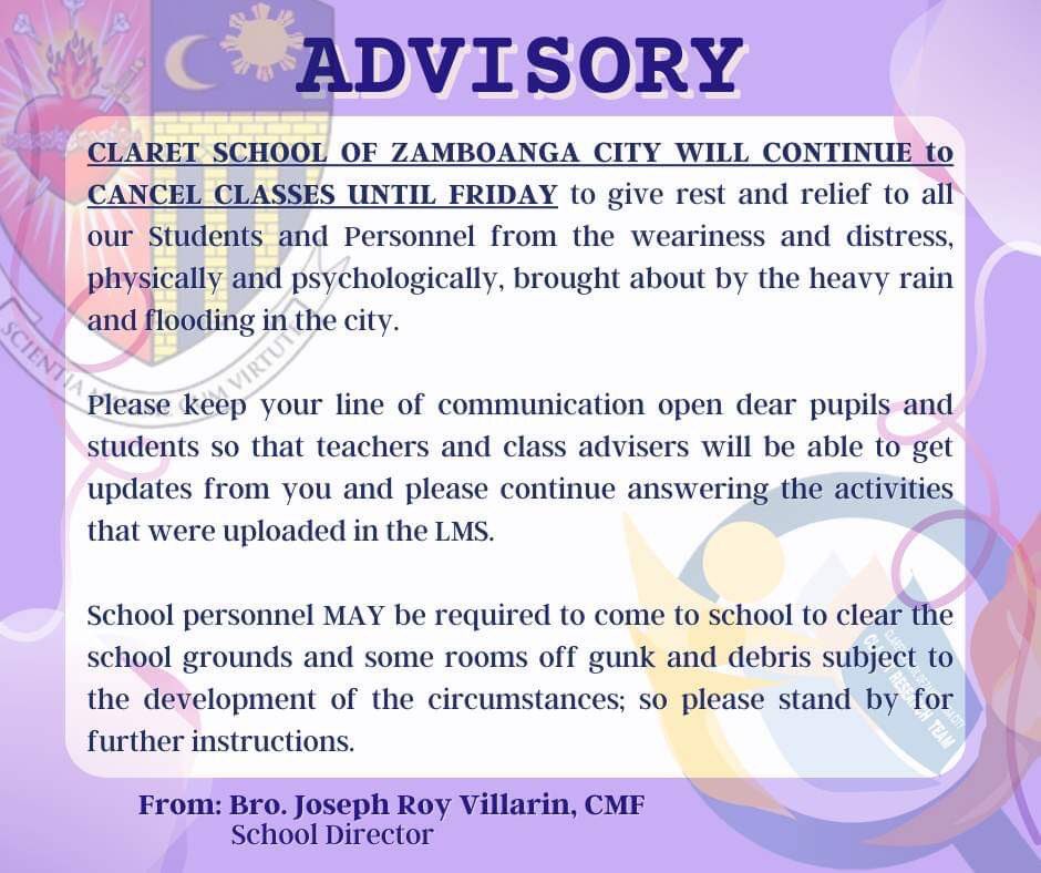 claret_rt's tweet photo. ANNOUNCEMENT | EYES HERE! 👀

Classes are still SUSPENDED until FRIDAY, January 13, 2023.

Imagine. Innovate. Inspire. https://t.co/PPp9GO1B7H
