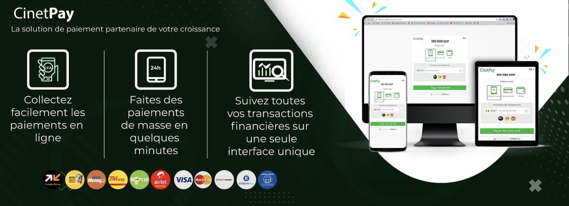 La solution de paiement de #CinetPay vous permettra (les entreprises) de:
- collecter, vos paiements, 
- faire du transfert d'argent tout en ayant une vue 360 degré de vos transaction grâce à notre Backoffice. 

cinetpay.com
#paiementenligne #fintech #mobilemoney