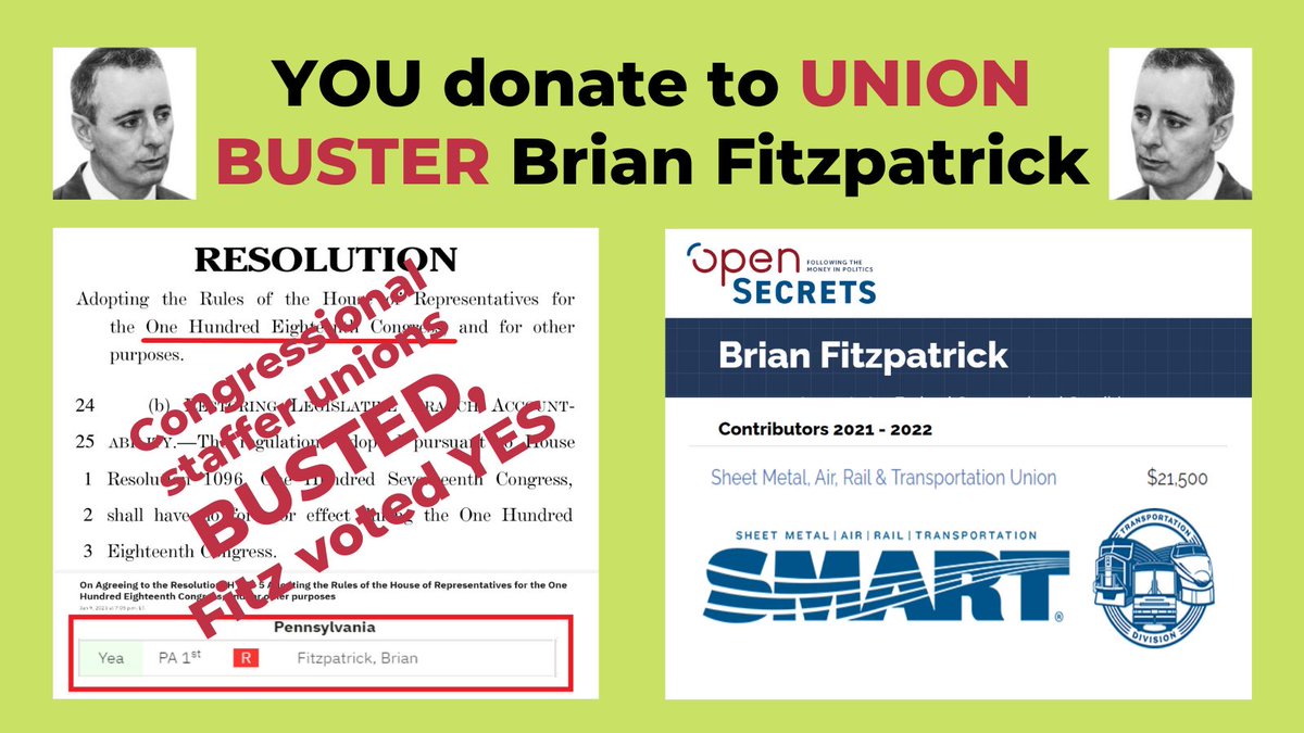 IndivisibleBUX's tweet photo. @smartunionworks, the House #RulesPackage smashed the unionization efforts of Congressional staffers.
Brian Fitzpatrick voted YES on this union-busting efforts.
YOU need to choose: are you #UnionStrong, or are you a backer of union busters?
You can't be both!
#DitchFitz #PA01 https://t.co/cQep9BSPA9