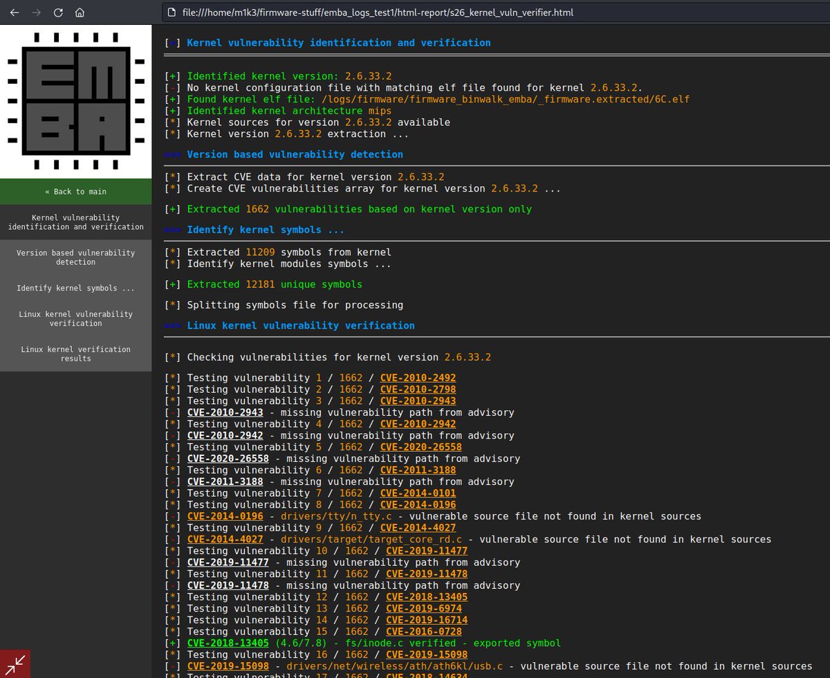 securefirmware's tweet image. You are also bored from searching thousands of kernel CVEs for a matching vulnerability with exploit code during firmware analysis? Check the new EMBA feature for kernel CVE verification. Let's improve IoT pentesting