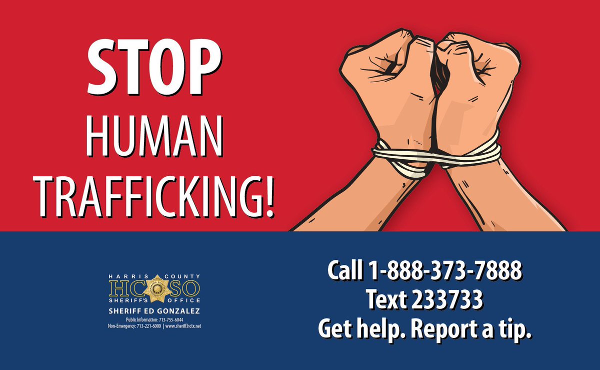 HCSOTexas's tweet photo. It is National Human Trafficking Awareness Day. Human trafficking happens in Harris County, and we need your help to end it! If you or someone you know might be a victim of human trafficking, call the National Human Trafficking Hotline at 1-888-373-7888 or text 233733. #hounews https://t.co/05eoN0Ksqe