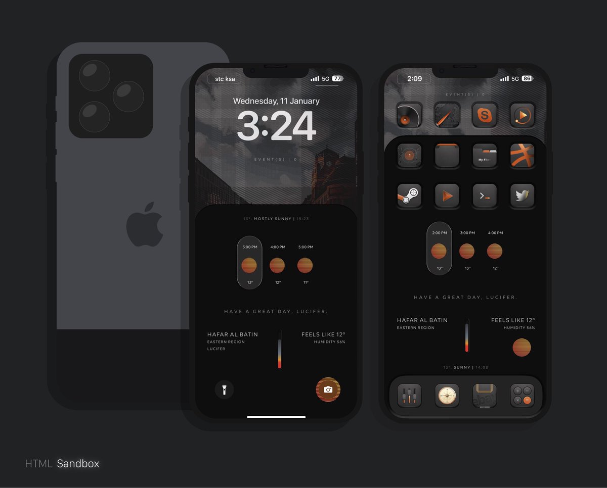WIP .. 

Caramel <a href="/coburn67_94/">otock coburn  🇲🇨</a> 
Weather icons, layer and mockup <a href="/kleinmone/">Mone ☺︎</a> 
iconsShadow, AE and dock <a href="/Attairdu57slm/">Att57 </a> 
HTMLSandboxV2 <a href="/thewaytozion/">5Eric</a> 

Credits to the wallpaper creator..

#iOS16 #LuciferSandbox