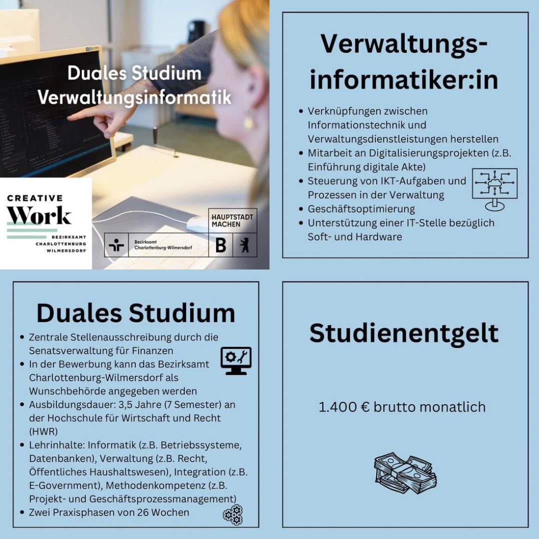 bacwberlin's tweet image. Dein Sprungbrett ins Berufsleben – Duales #Studium #Verwaltungsinformatik 

Jetzt bis 19.02.2023 unter berlin.de/karriereportal… bewerben. #KarriereBACW @senfin