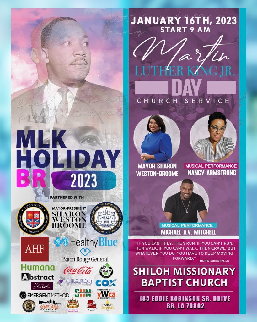 mimigoodly's tweet photo. Please join The NAACP Baton Rouge Branch and Mayor-President Sharon Weston Broome for a city-wide celebration honoring the life and legacy of Dr. Martin Luther King, Jr. on
Monday, January 16, 2023 at 9 am. 
#MLKDay2023🙏🏽
#BatonRougeUnity☮️
#Community🫶🏽
#PUSH✊🏿✊🏾✊🏽 https://t.co/oBPxtaluzy