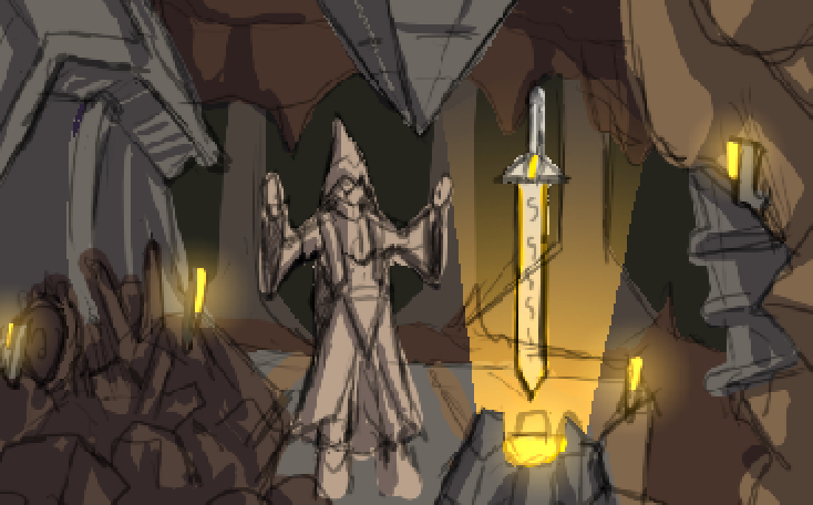 Felipe_Porcel01's tweet photo. Process for a pixelart piece for the second chapter of "Kingdoms of the Etenal Night". Concept art, sketch and final pixel-art. The sword is not pixelart, it was made in blender. #pixelart https://t.co/VbrapWqdcx