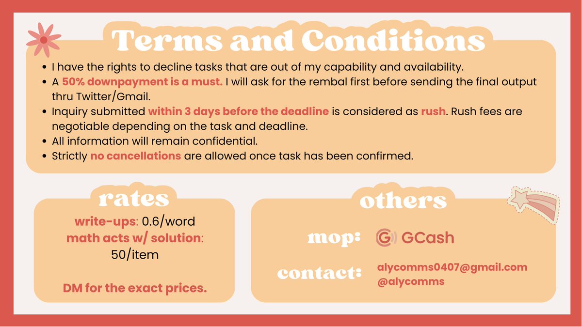 alycomms's tweet image. Hello! I'm Aly, your go-to commissioner who provides affordable prices and produces high quality outputs. 🎀 

Check out my commsheet below for services offered and t&amp;amp;cs. Feel free to send your inquiries by filling out the inquiry form! 📩

✧ Check out #commsbyaly for vouches!