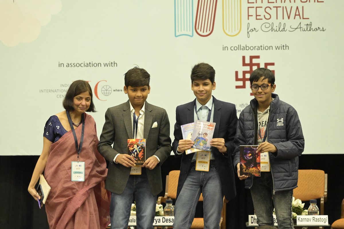 HyperglotLitmag's tweet photo. #MuskaanLiteratureFestival organised by 
@FoundationPK
 Aadya Jain, Priyal Prasad and Sara Agarwal in conversation with author @ShobhaTharoor.
Arya Desai, Druv Dhakad and Karnav Rastogi, in conversation with author Shabnam Minwalla. 
@ignca_delhi
@sahityaakademi 
#hyperglot https://t.co/rnusu1dYFP