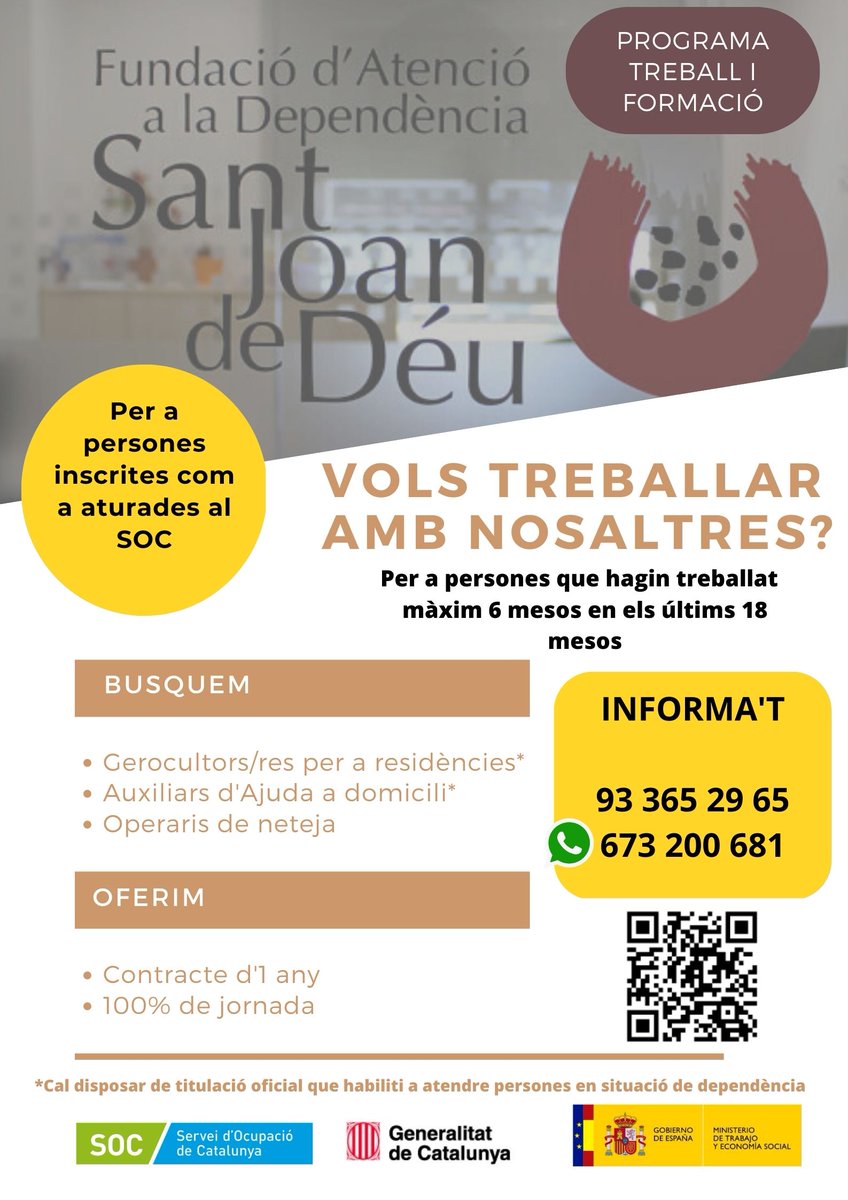 Busquem: #gerocultors/es per a residències, #auxiliars d'ajuda a domicili i #operarisdeneteja.
Programa #treballiformacio
Oferim: Contracte d'1any
Contactan's! 93 365 29 65. Whatsapp: 673200 681
#SOC #generalitatdecatalunya <a href="/ocupaciocat/">Ocupació</a> <a href="/gencat/">Generalitat de Catalunya</a> #sepe
