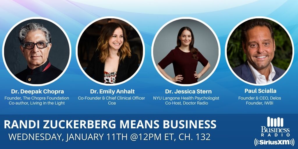 SiriusXM Business Radio (@sxmbusiness) on Twitter photo 🎙️@RandiZuckerberg TODAY at 12pm ET!
💚Mental Health Matters💚
- <a href="/DeepakChopra/">Deepak Chopra</a> on The Never Alone Alliance
- @DrEmilyAnhalt on Emotional Fitness @JoinCoa
- <a href="/DrJessicaBStern/">Jessica B. Stern, PhD</a> on <a href="/NYUDocs/">Doctor Radio</a>'s #MentalHealth Programming
- @WELLCertified on Healthy Buildings
🔊#SiriusXM132🔊 🎙️@RandiZuckerberg TODAY at 12pm ET!
💚Mental Health Matters💚
- <a href="/DeepakChopra/">Deepak Chopra</a> on The Never Alone Alliance
- @DrEmilyAnhalt on Emotional Fitness @JoinCoa
- <a href="/DrJessicaBStern/">Jessica B. Stern, PhD</a> on <a href="/NYUDocs/">Doctor Radio</a>'s #MentalHealth Programming
- @WELLCertified on Healthy Buildings
🔊#SiriusXM132🔊