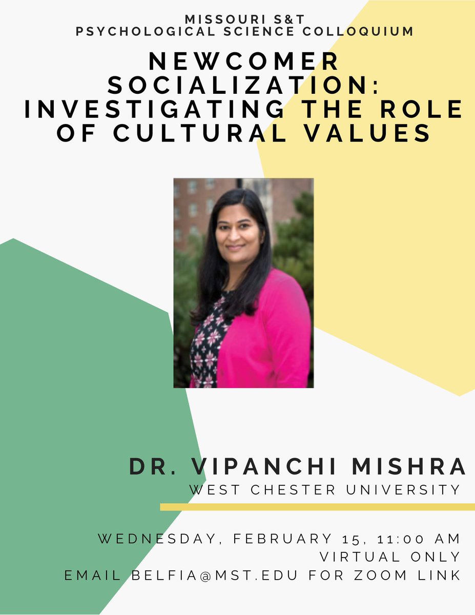 Our first colloquium of the semester will be Dr. Vipanchi Mishra, Associate Professor of I-O Psychology at @WCUofPA! This will be a virtual talk, taking place on February 15th at 11 AM.