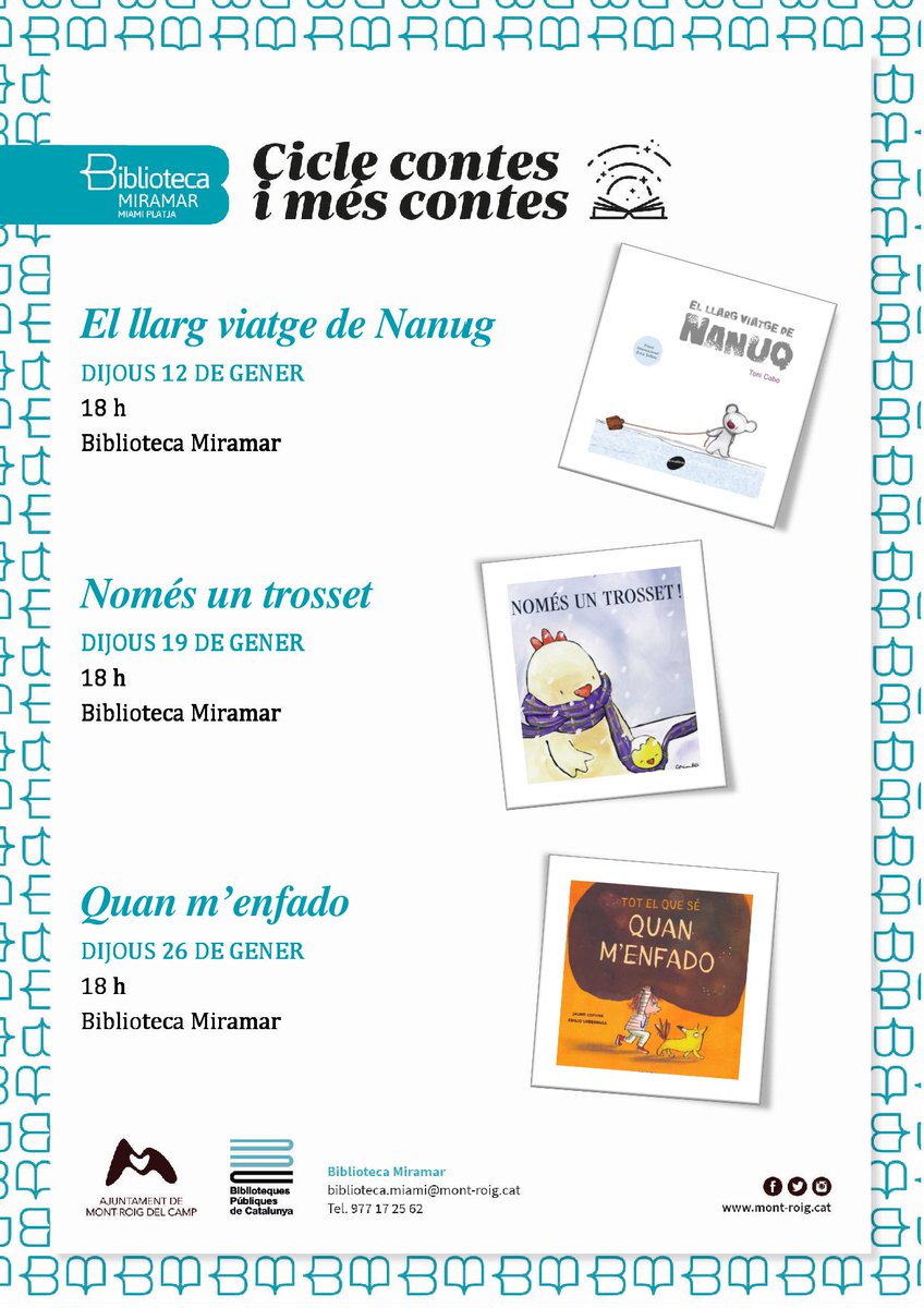Tenim un mes de gener carregat de contes!, tots els dimecres a la #BibliotecaJoanMiró i els dijous a la #BibliotecaMiramar vine a gaudir de #Contesiméscontes📖📚