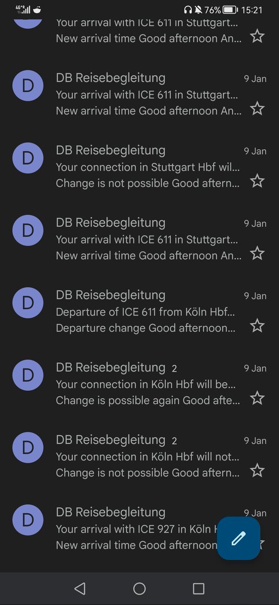 Seit zwei Tagen wieder in Deutschland und jeder meiner 7 Züge hatte eine Verspätung. Kriegt ihr noch irgendwas geschissen? Hört auf mein Email postfach mit euren delay Nachrichten vollzumüllen <a href="/DB_Bahn/">Deutsche Bahn Personenverkehr</a>