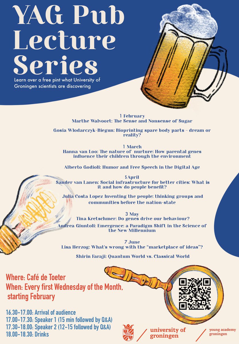 Young Academy Groningen launches a Pub Lecture series!🎉 Every first Wednesday of the month (starting February) scientists of University Groningen will be talking about their field of research at Café de Toeter. Entrance is free and everyone who is interested is welcome!