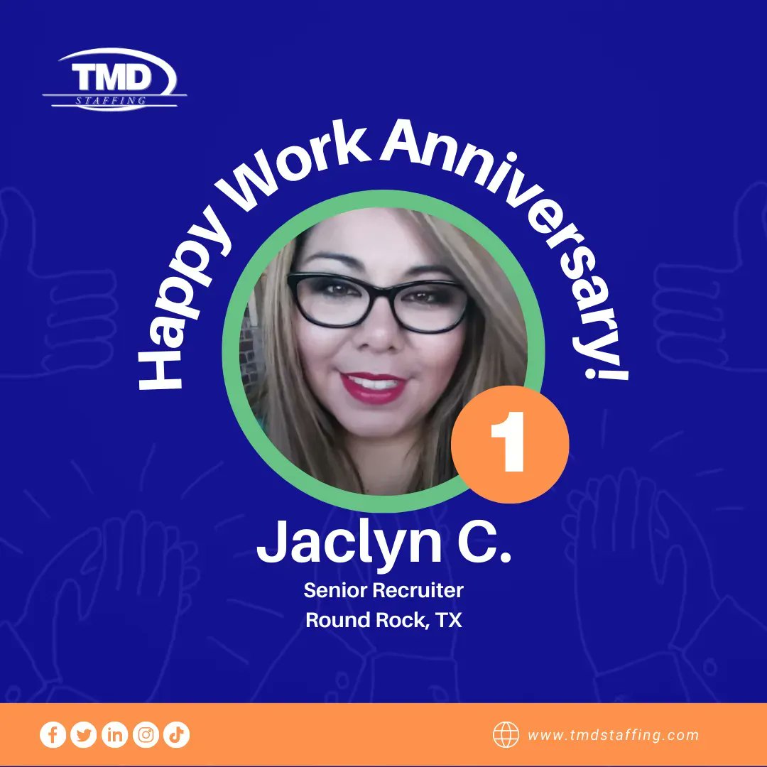 TMDStaff's tweet photo. Happy 1st Work Anniversary, Jaclyn! π
Thank you for the hard work and dedication you've shown to TMD. Please join us in celebrating her milestone!
#Staffing #StaffingCareers #TeamTMD #TMDStaffing #ThankYou https://t.co/NpeXEQ9Usf