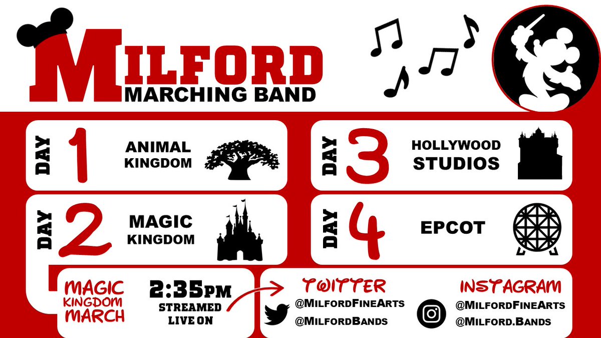Tomorrow, our nationally ranked <a href="/MilfordBands/">Milford Bands</a> will take their talents to central Florida and Walt Disney World's Imagination Campus for a few days of music, fun, and excitement! Follow along here - especially for the march down Main Street USA @ 2:35pm Saturday!