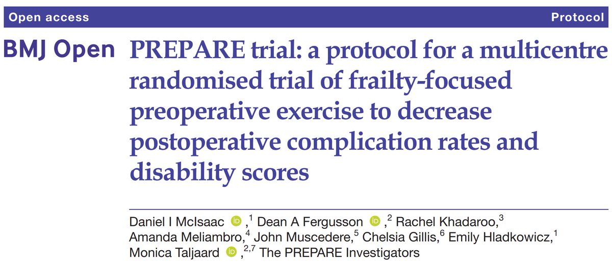 mcisaac_d's tweet photo. @PSIFoundation @OttawaHospital @OttAnesthesia 3/#PREPARETrial
-12 center RCT of multimodal #prehab
-n=750 older people with #frailty
-#PatientReported primary outcome (disability)
https://t.co/NlCU088C7S https://t.co/TgoTMLJm5A