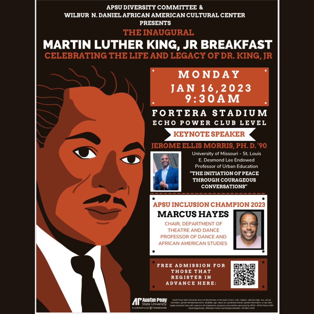 govscare's tweet photo. On Monday, Jan. 16, APSU will host the inaugural Martin Luther King Jr. Breakfast: Celebrating the Life and Legacy of Dr. King Jr., at Fortera Stadium. The event is free and open to the public, but attendees are asked to register in advance! #GoveCare https://t.co/sSGK8xJOR2