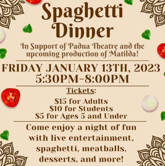 PaduaMediaGroup's tweet photo. Join us this Friday in the cafe for the Spaghetti Dinner! For advance tickets Venmo @paduaacademy, please include your name and how many tickets you purchase in the payment comments. https://t.co/0maon4Z01s