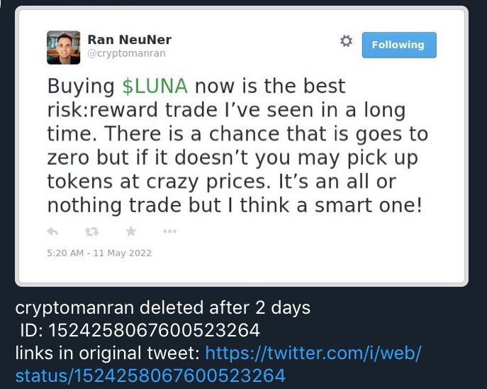 <a href="/cryptomanran/">Ran Neuner</a> Selling #btc and buying #luna 🫡