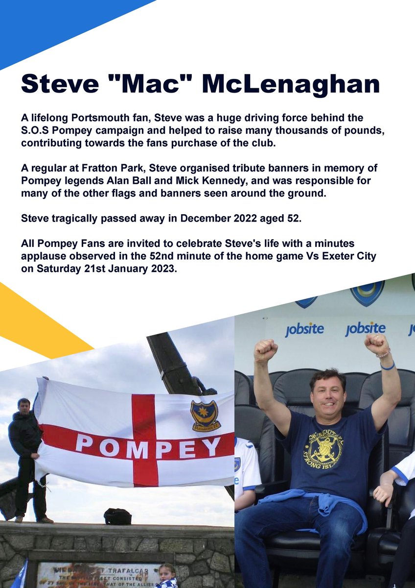 If it wasn’t for men like Steve Mac this football club we all love may of been no more

The tireless work of people like Steve should never be forgotten 

Sadly we tragically lost Steve late December 2022 

Please share 

52nd Minute on next home match  v Exeter 👏👏👏
#PompeyFC