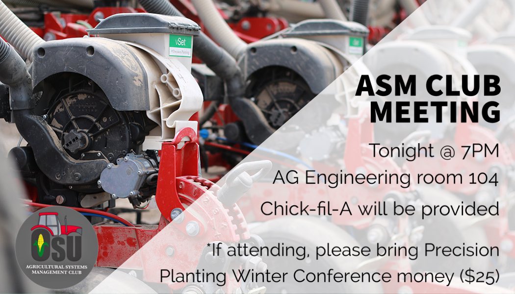 AsmOhioState's tweet photo. Join us tonight for our first meeting of the year! If you are attending, we will be providing details on the Precision Planting Winter Conference. https://t.co/MO5hrjTvYz