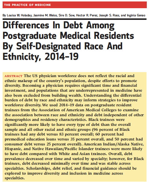 UREssien's tweet photo. NEW in @Health_Affairs: Black trainees (*96%*) were ⬆️ likely to have every type of debt than all other racial/ethnic groups.

If we're serious about ⬆️ the diversity of the medical workforce, we NEED interventions that reduce the 💰 of medical training.

https://t.co/AYjQes3riX https://t.co/0sGwvJm13C
