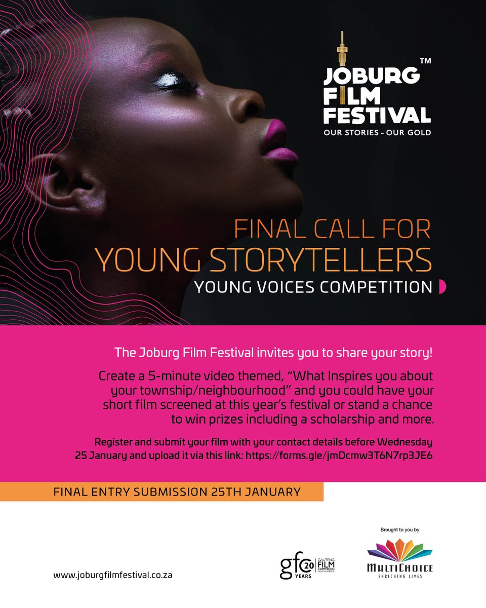 CALLING ALL YOUNG STORYTELLERS

Please see image for entry requirements

Register and submit your film with your contact details by Wednesday 25 January 2023 and upload it via this link: drive.google.com/drive/folders/…
 
Open to all young South African storytellers under the age of 35.
