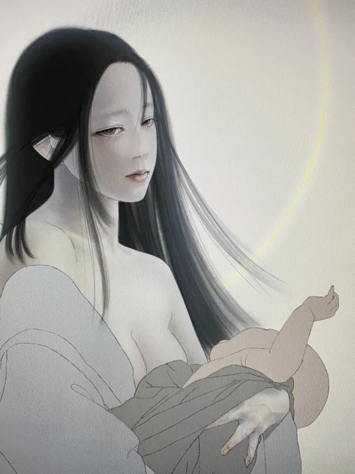 救われたいのは己自身…結局自分の気持ちを成仏させる為に描いてる。ちょっとずつ進めてる…#絵#途中絵#wip#幽霊画 