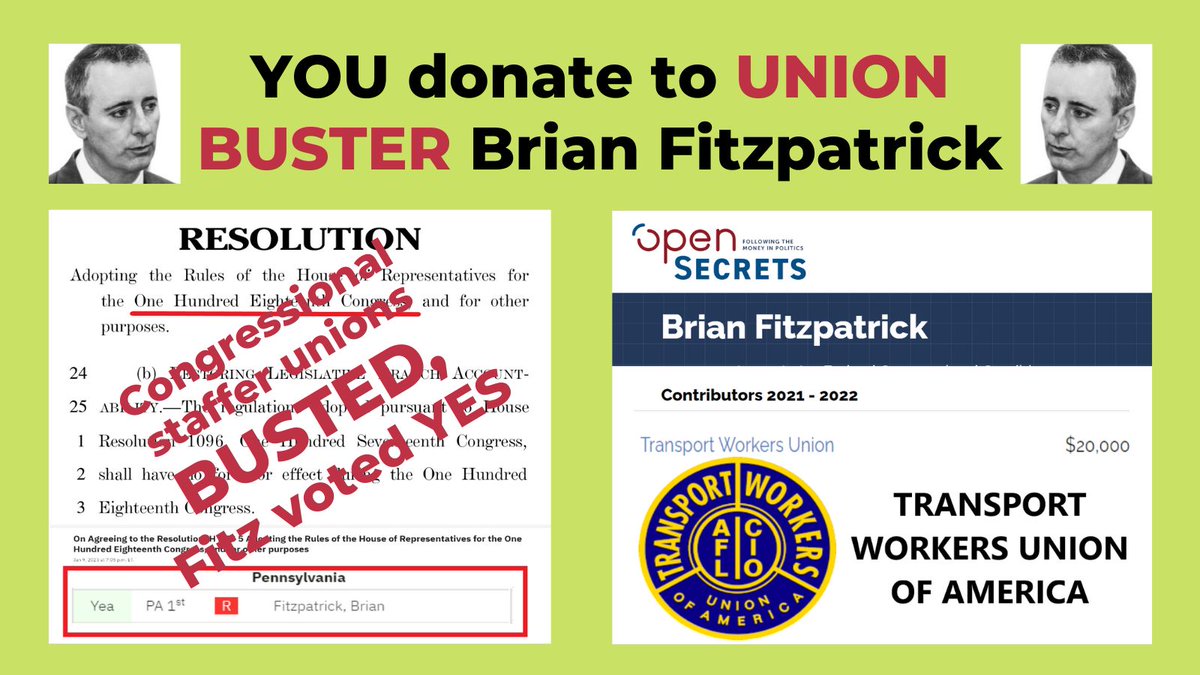 IndivisibleBUX's tweet photo. The #GOP #RulesPackage smashed the unionization efforts of Congressional staffers, @transportworker.
Brian Fitzpatrick voted YES on the #unionbusting efforts.
YOU need to choose: are you #UnionStrong or are you a donor to union busters?
You can't be both!
#DitchFitz #PA01 https://t.co/e9rS16bavW