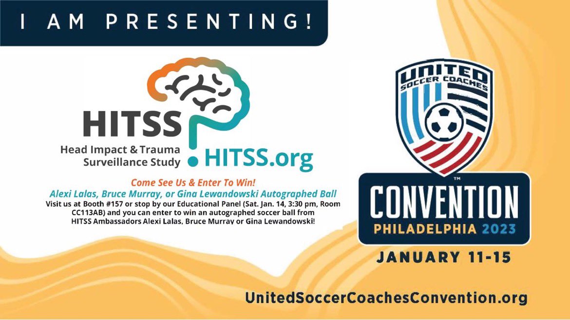 HITSS_BU's tweet photo. Heading to @UnitedCoaches Convention? Come see our session Sat. 3:30 Rm CC113AB “The Impact of Head Impacts: A Discussion on Concussions, Heading &amp; Long-Term Brain Health Risks” w/Dr. Robert Stern @bu_cte &amp; frmr. pros @brucemurrayHOF &amp; @gll088 Also find us at Booth 157 #PHL23 https://t.co/irbVW71YQw