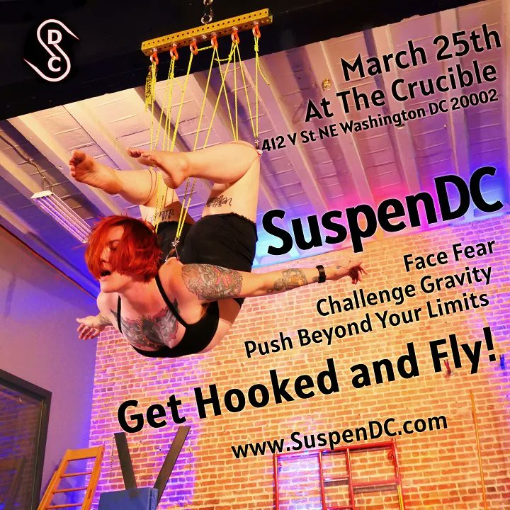 SuspenDCTeam's tweet photo. Can't wait till Camp Crucible to fly? Come down to DC on March 25th for a full day of flights and pulls with your community. Hosted by @TheCrucibleDC #hooksuspension #fleshhooksuspension #SuspenDC #hooks #bodymods #piercings #hooklife #bodysuspension #hooklove https://t.co/5FrcEyi27M