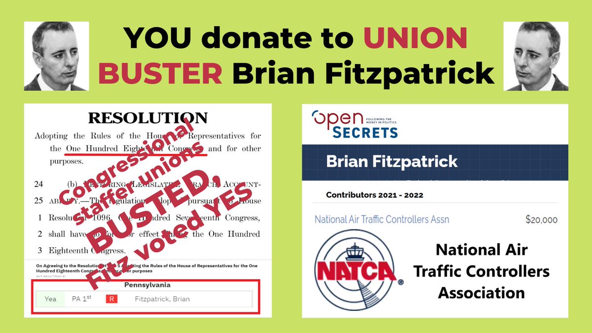 IndivisibleBUX's tweet photo. The House #GOP #RulesPackage smashed the unionization efforts of Congressional staffers, @NATCA.
Brian Fitzpatrick voted YES on the #unionbusting efforts.
YOU need to choose: are you #UnionStrong or are you a donor to union busters?
You can't be both!
#DitchFitz #PA01 https://t.co/XvjZzbsVjD