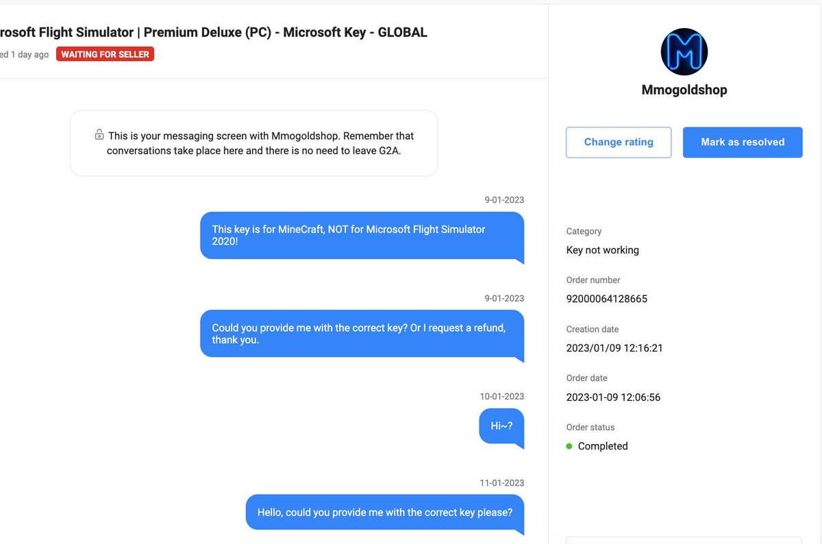 ted_chou12's tweet photo. @G2A_com @G2A_com
 
I am having issue with a seller. The seller posts publicly saying "please contact me" but doesn't respond to my private message.

I request a refund or please give me an activation key for the game that I intended to buy.

The order number is: 92000064128665 https://t.co/TdMIzw5Jjj