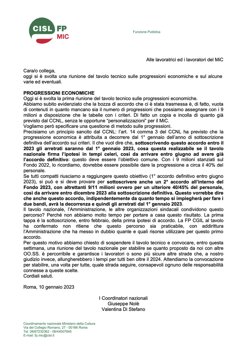 cisl_fplazio's tweet photo. 🟢📢 @MiC_Italia, @cislfp: “Sulle #progressioni economiche meglio due #accordi con decorrenza 1/1/23, valorizzazione del #personale obiettivo primario”
#ilmiolavorovale https://t.co/7b1oNzSiZv