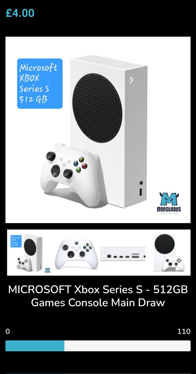 MonstrousComps1's tweet image. Get 3 numbers on the xbox series s games console for £10🔥

Saving £2✅️

Enter code at checkout - 3FOR10XBOX

75 Left out of 110⚡️
Get this one down to 50 numbers and then we will get it on a guaranteed draw🔥🔥🔥🔥🔥

#xbox #xboxone #prizedrawing #init2winit #competitionuk