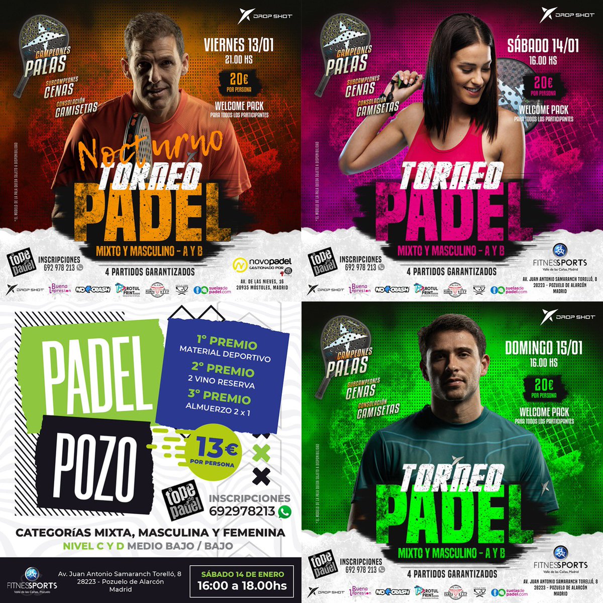 Aquí nuestros eventos:
🎾Viernes 13/1 21hs Torneo Mixto &amp; Masculino ( A y B ) “Nocturno”.
🎾Sábado 14/1 16hs Torneo Mixto &amp; Masculino.
🎾Sábado 14/1 de 16hs a 18hs Pozo Mixto, Femenino &amp; Masculino de Nivel Medio Bajo (C) y Bajo (D).
🎾Domingo 15/1 16hs Torneo Mixto &amp; Masculino.