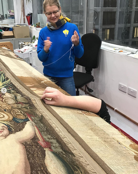 ZenzieTinker's tweet photo. A welcome sight for the first week of the new year - the final border of the  @RMGreenwich Battle of Solebay tapestry has come finally come into view. It will be collected &amp; installed next month for the upcoming Van der Velde exhibition so work continues flat out until then! https://t.co/6LcRQKZAfr