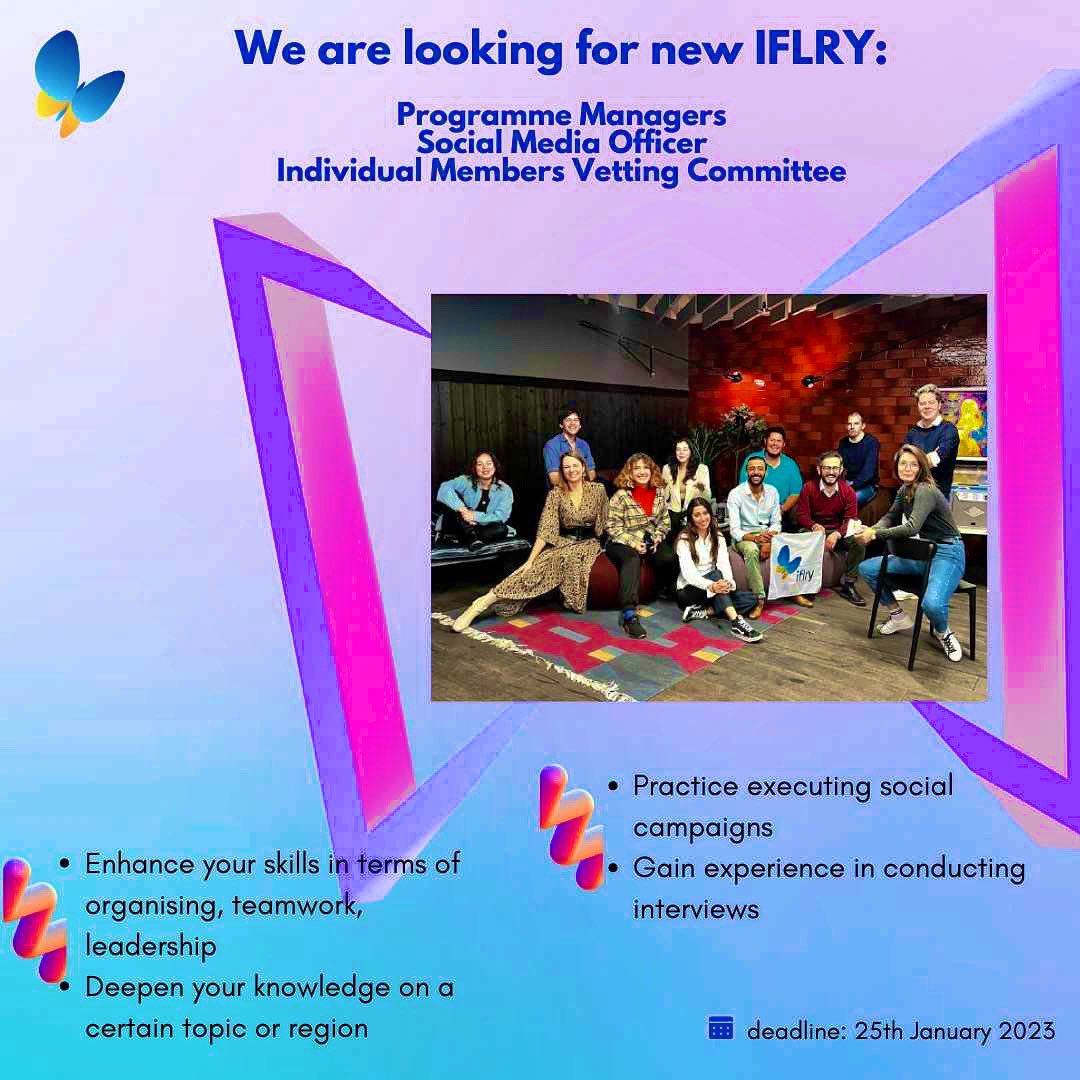 ❗️Call for opportunity❗️ Are you interested in leading an IFLRY Programme? We are excited to launch a call for 👇Programme Manager 👇Social Media Officer 👇Individual Members Vetting Committee. We are very much looking forward to your application!💙