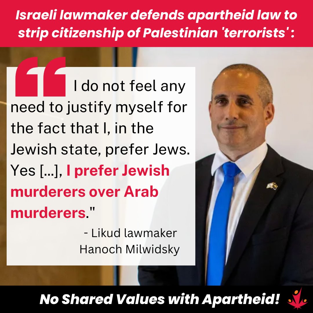 CJPME's tweet photo. A Likud lawmaker has articulated the racist intentions behind Israeli legislation which targets Palestinians: "I do not feel any need to justify myself for the fact that I, in the Jewish state, prefer Jews. Yes [...] I prefer Jewish murderers over Arab murderers." #NoSharedValues https://t.co/nl3EeilC26