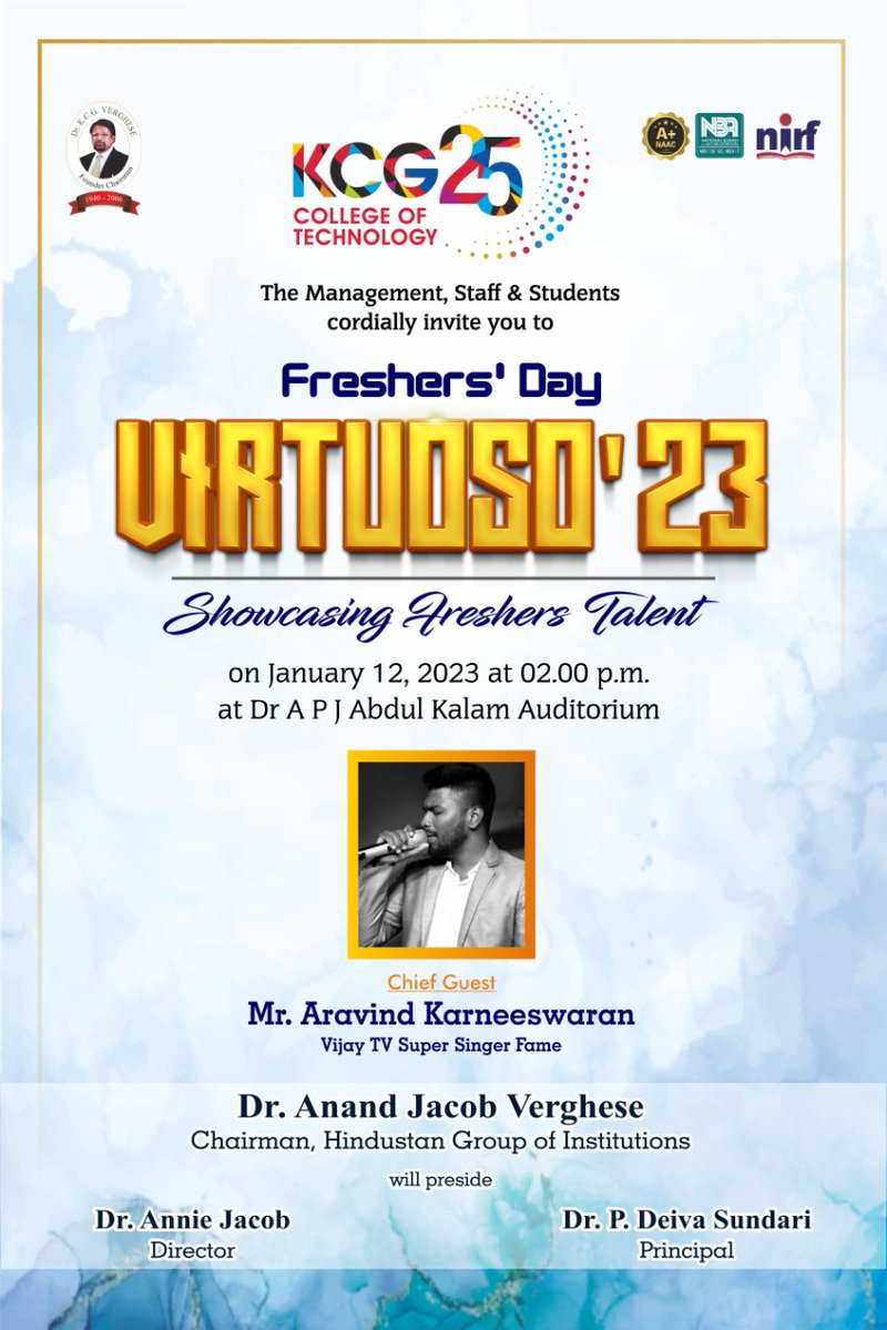 KCGtechnology's tweet photo. We are all set to welcome the new batch of KCG Techians at our action-packed Fresher's Day Virtuoso '23! Join us on January 12th, 2023 for a day filled with exciting performances and memorable moments.
#KCGCollege #freshersday #freshersparty #freshers #collegefreshers #KCG25 https://t.co/GufbqjJU9c