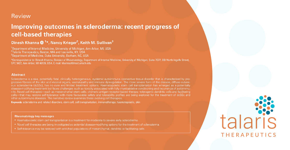 A new paper authored by our Chief Medical Officer Nancy Krieger and leading #scleroderma experts Dr. Dinesh Khanna (<a href="/sclerodermaUM/">Dr. Dinesh Khanna</a>) &amp; Dr. Keith Sullivan reviews new cell therapies in development for treating #autoimmune diseases. bit.ly/3iTOloA