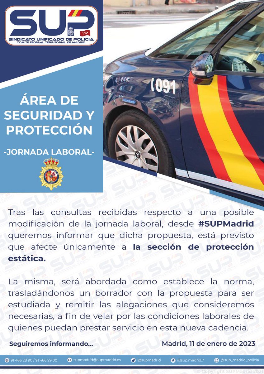 SUP MADRID (@supmadrid) on Twitter photo 🔄 Tras informarnos que habrá una modificación de la jornada laboral en el ASP
✅️ <a href="/supmadrid/">SUP MADRID</a> comunica que la pospuesta afectaría sólo a la Secc de Protecc estática
➡️ Se ajustará a normativa y haremos alegaciones al borrador, para velar por las condiciones laborales
#SUPMadrid 🔄 Tras informarnos que habrá una modificación de la jornada laboral en el ASP
✅️ <a href="/supmadrid/">SUP MADRID</a> comunica que la pospuesta afectaría sólo a la Secc de Protecc estática
➡️ Se ajustará a normativa y haremos alegaciones al borrador, para velar por las condiciones laborales
#SUPMadrid