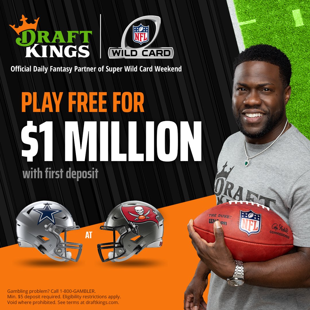 DraftKings's tweet photo. 🏈 COWBOYS VS BUCCANEERS 🏈

📲 Draft your lineup to play FREE for $1 MILLION during SUPER Wild Card Weekend💰 

#DraftKings